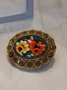 Vintage Micro Mosaic Glass Oval Flowers Brooch, Italy